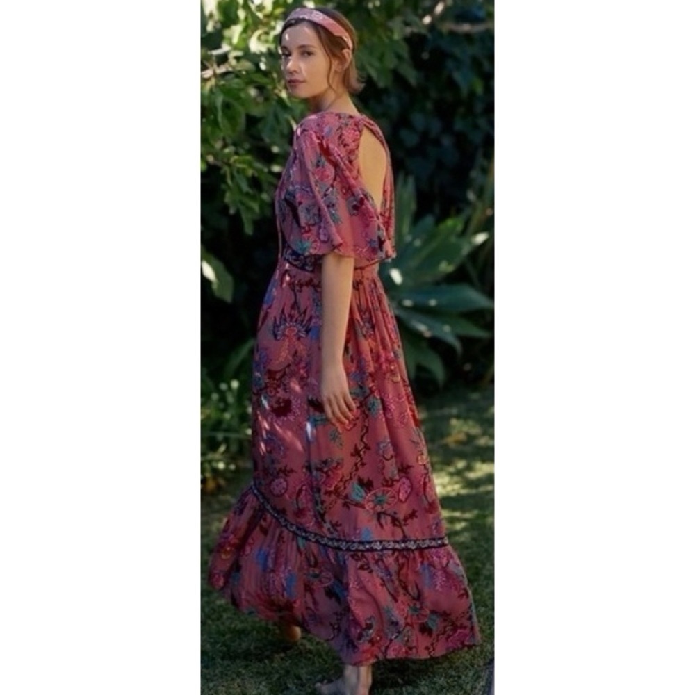 NWT by Anthropologie Floral V-Neck Ruffled Embroidered Boho Maxi Dress SP - Picture 10 of 13